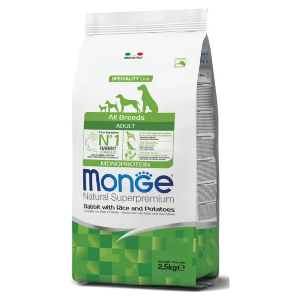 Pakiranje Monge Natural Superpremium suhe hrane za pse s kunićem, rižom i krumpirom.